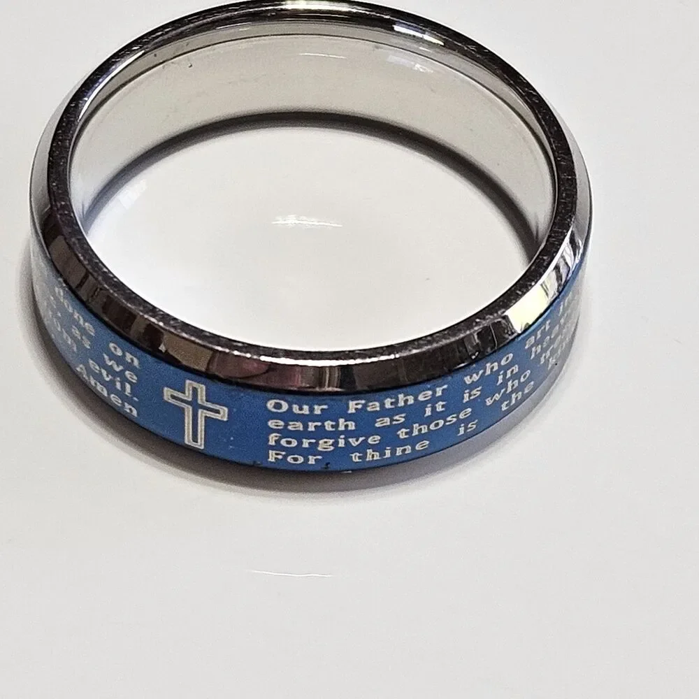Stainless Steel Two Toned Blue IP & Silver Lord's Prayer Ring Size 7